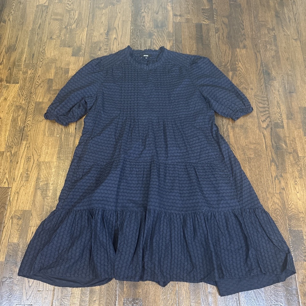 ME+EM Navy Embroidered Cotton Tiered Midi Dress Womens 12 Short Sleeve